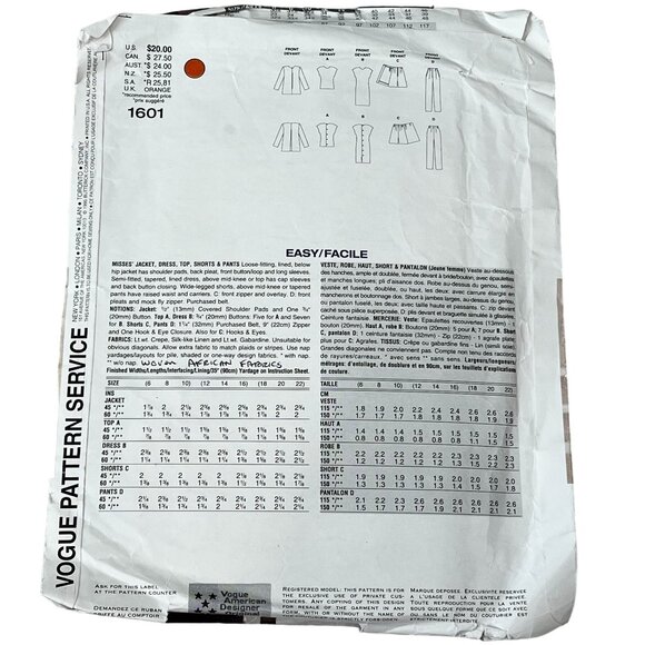 Vogue Tamotsu Career Wardrobe Sewing Pattern 1601 Jacket Dress Top Shorts Pants - Picture 2 of 2